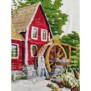 Finished Vintage Sunset Designs Crewel Embroidery Red Mill Waterwheel 12x16